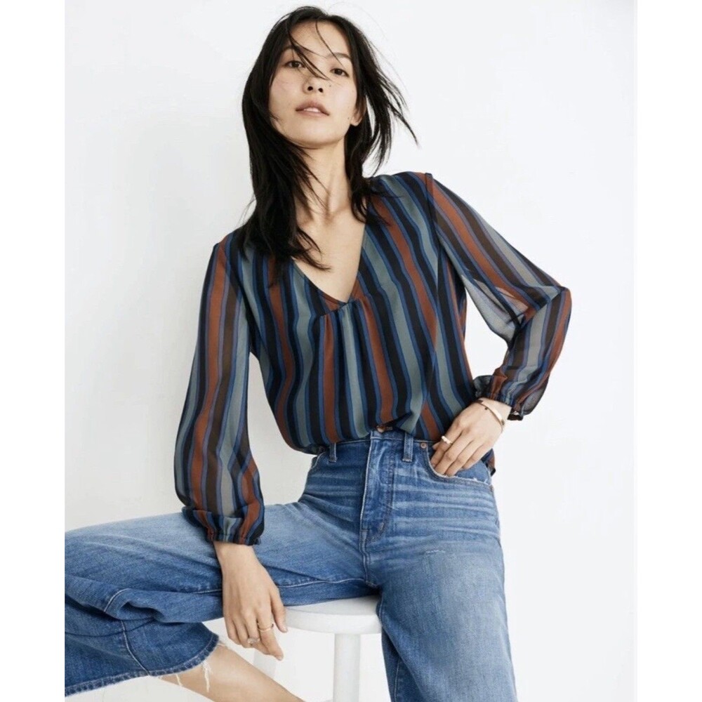 Madewell Women's Academy Stripe Retro Blouse Top Sheer Sleeve Modern Size XS